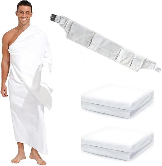 BML Ehram Umrah White 2 Towel with Free Belt for Men Ihram, Ahram Hygeinic Breathable Absorbant Fbric towel